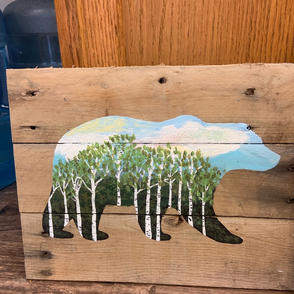 Acrylic painted Pallet art, Bear with Aspens